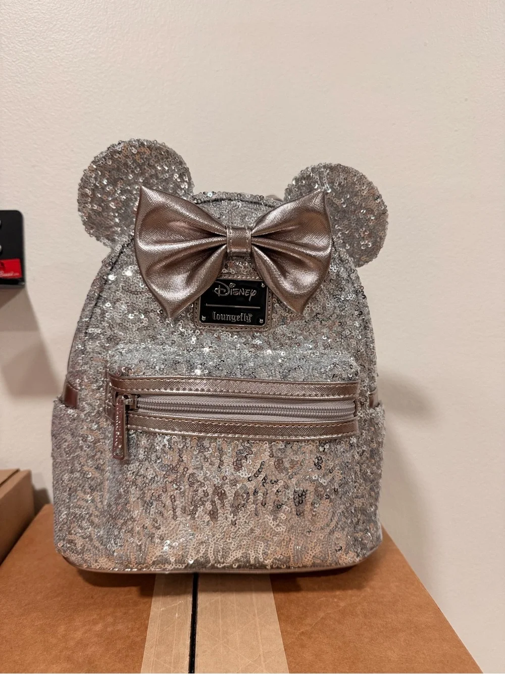 Disney Loungefly Silver Minnie Mouse Sequin Mini Backpack